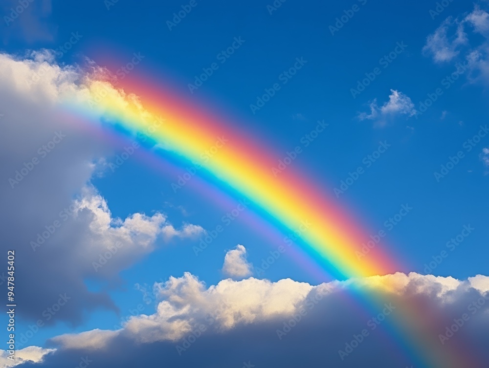 Rainbow arching across a cloudy sky after a rainstorm, colorful weather phenomenon Rainbow arching across a cloudy sky after a rainstorm, colorful weather phenomenon