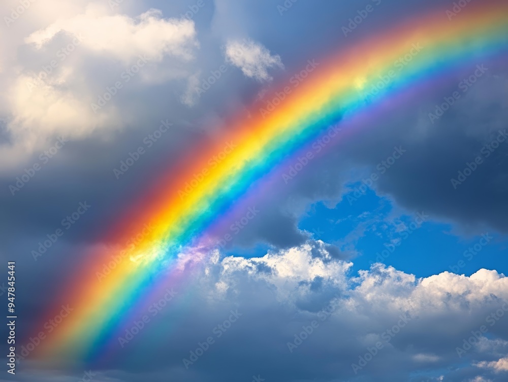 Rainbow arching across a cloudy sky after a rainstorm, colorful weather phenomenon Rainbow arching across a cloudy sky after a rainstorm, colorful weather phenomenon