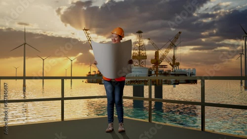 Full Body Of Asian Female Engineer With Safety Helmet Looking At Blueprint In Her Hands While Standing With Hydrogen Production photo