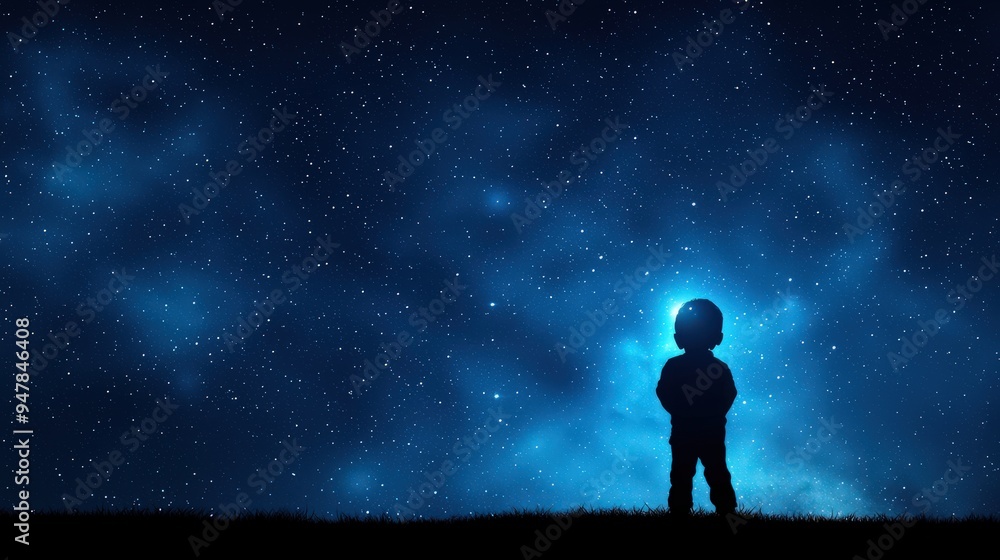 Silhouette of a child stargazing on a clear night, with a high contrast background and a premium pattern, creating a sharp and distinct focus, glowing with light Silhouette of a child stargazing on a clear night, with a high contrast background and a premium pattern, creating a sharp and distinct focus, glowing with light