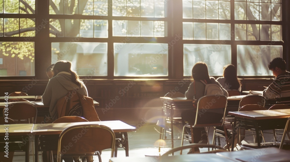 Students in pairs exchange ideas and study under the warm, diffused light of a classroom, with large windows framing leafy trees. Students in pairs exchange ideas and study under the warm, diffused light of a classroom, with large windows framing leafy trees.