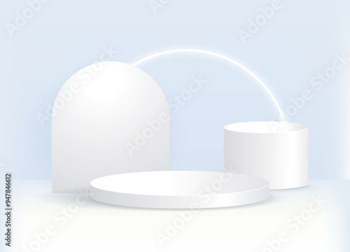 A circular display stand emits a circular halo against a white background.