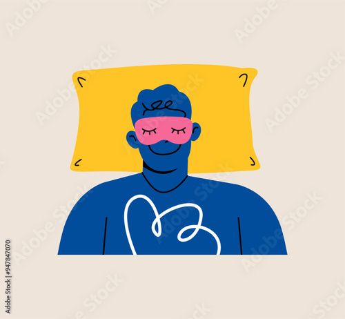 Sleeping man. Sleeping on a pillow. Sleep mask. Colorful vector illustration