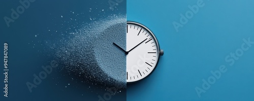 A clock gradually disintegrates into particles, symbolizing the passage of time, impermanence, and the transient nature of life.