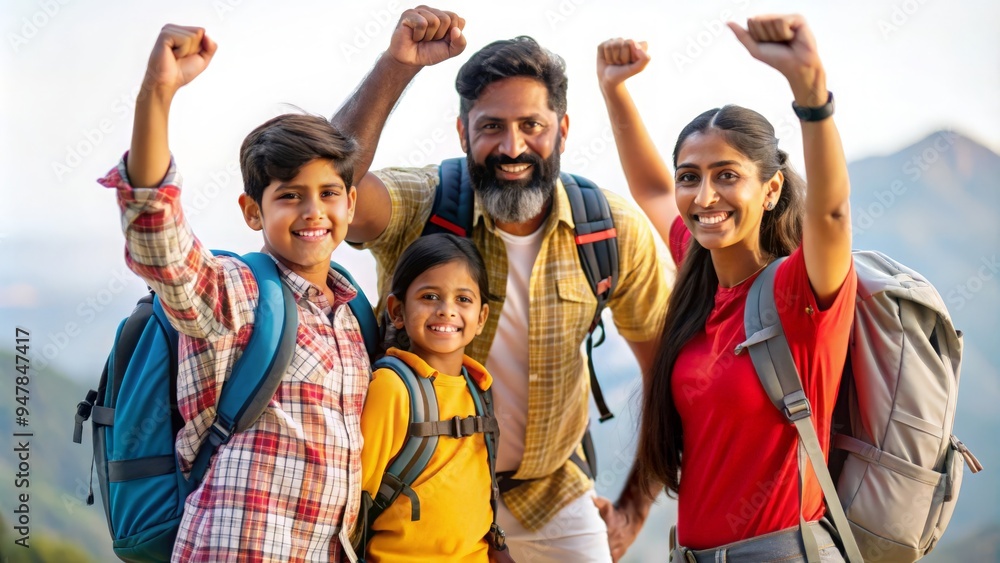 Fototapeta premium A triumphant image of an Indian family arriving at their hiking goal. 