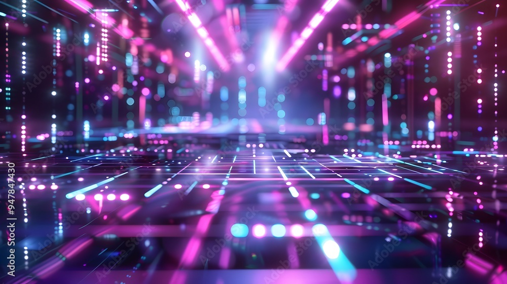 Futuristic dance floor with neon lights and bokeh effect, rave vibe Futuristic dance floor with neon lights and bokeh effect, rave vibe