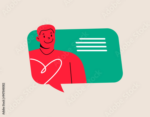 Chat bubble, message bubble with man, internet dialog, communication, conversation, talk. Colorful vector illustration