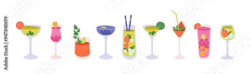 Different alcoholic drinks set. Various cocktails with gin, whiskey, juice and fruit. Hard and light booze with ice cubes. Tropical beverages in glasses. Flat isolated vector illustrations on white
