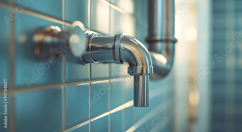 Close-Up of a Stainless Steel Pipe on the Wall with Reflections and Detailed Surface Texture, Capturing the Modern and Industrial Aesthetic, Ideal for Representing Themes of Urban Design, Industrial E