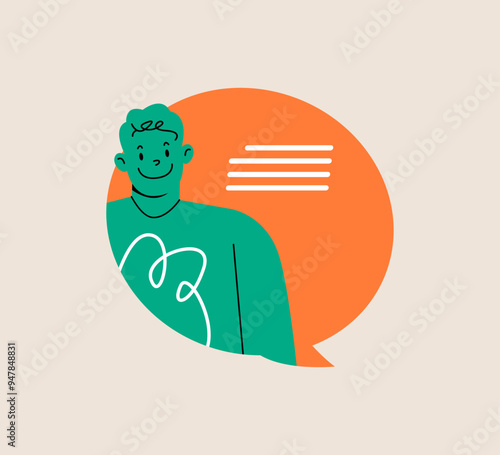 Chat bubble, message bubble with man, internet dialog, communication, conversation, talk. Colorful vector illustration