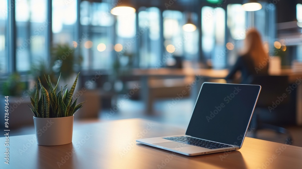 A laptop in front of a potted plant A laptop in front of a potted plant