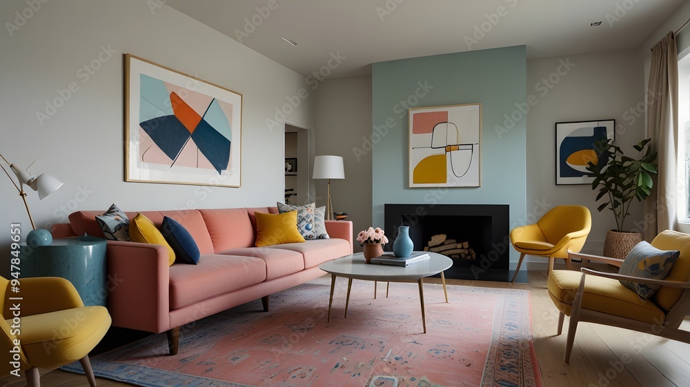 A living room designed in Scandinavian style playful and vibrant colors. coral pink sofa a sky blue armchair and a mustard yellow side table. colorful throw pillows abstract rug modern art on the wall A living room designed in Scandinavian style playful and vibrant colors. coral pink sofa a sky blue armchair and a mustard yellow side table. colorful throw pillows abstract rug modern art on the wall