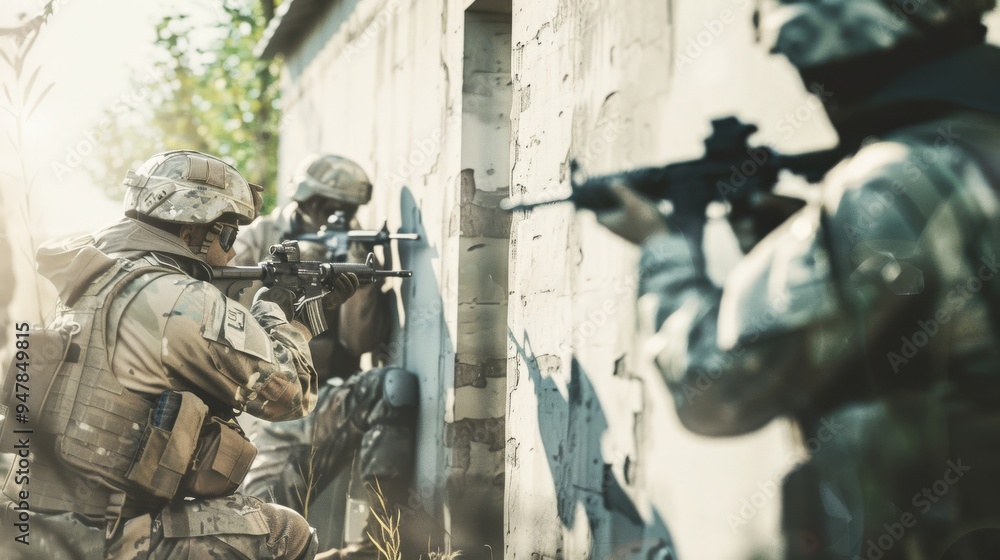 Fototapeta premium Soldiers in camouflage gear engage in a tense standoff behind a wall, ready for action in a tactical urban environment.
