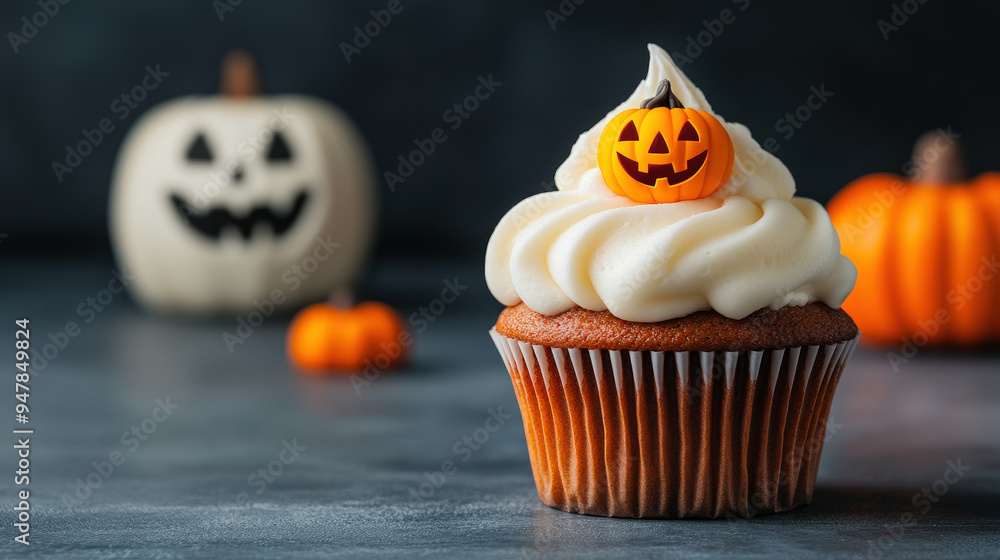 Detailed photo of a Halloween-themed cupcake with intricate frosting designs, high-definition capturing the festive colors and details. Detailed photo of a Halloween-themed cupcake with intricate frosting designs, high-definition capturing the festive colors and details.