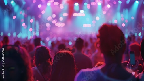 Crowd at a rave with bokeh lights and neon colors, beautiful mind visuals