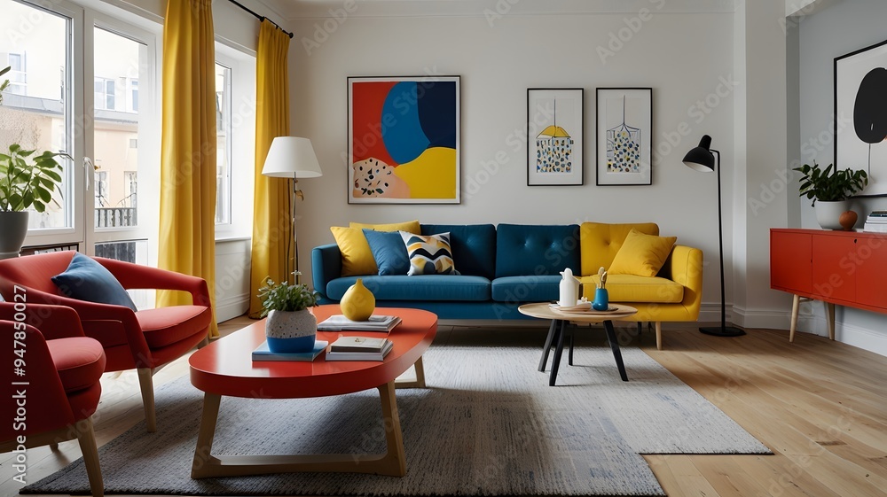 Fototapeta premium A cheerful living room with a Scandinavian design, playful elements like a bright red sofa, a blue armchair, and a yellow coffee table. white walls, wooden floors, and colorful geometric artwork