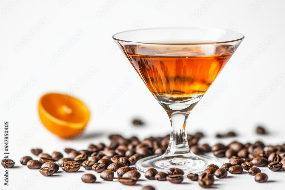 Coffee liqueur cocktail with orange slice and roasted coffee beans , isolated on white. Coffee liqueur cocktail with orange slice and roasted coffee beans , isolated on white.