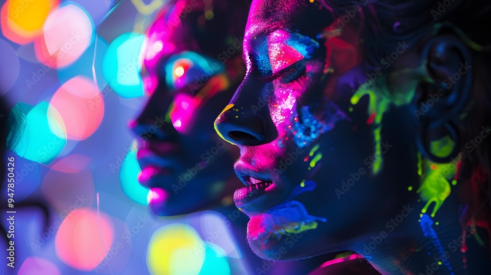 Rave dancers with neon paint, bokeh effect and beautiful mind style Rave dancers with neon paint, bokeh effect and beautiful mind style