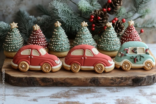 festive holiday treats artfully decorated car and christmas treeshaped cookies in red green and white arranged on a rustic wooden tray photo