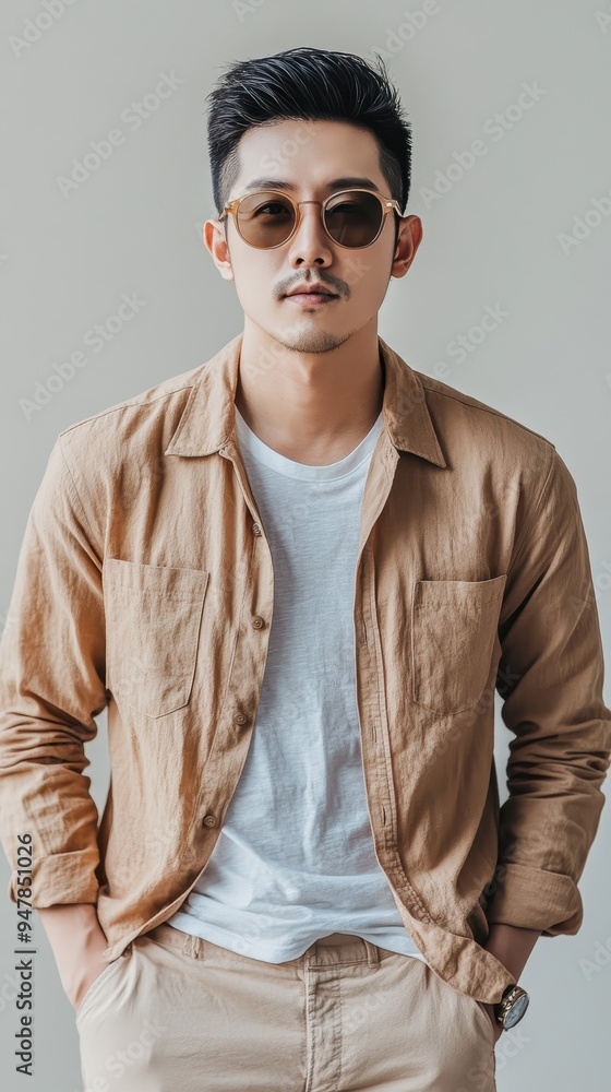 Obraz premium An Asian man stands indoors, dressed in a casual summer outfit with sunglasses, exuding a relaxed and stylish vibe