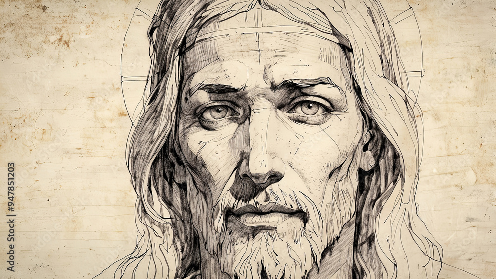 Portrait of Jesus Christ in Black and White Pencil Drawing Style with Expressive Features and Detailed Textures, Perfect for Artistic Projects, new beautiful stock image illustration AI Portrait of Jesus Christ in Black and White Pencil Drawing Style with Expressive Features and Detailed Textures, Perfect for Artistic Projects, new beautiful stock image illustration AI