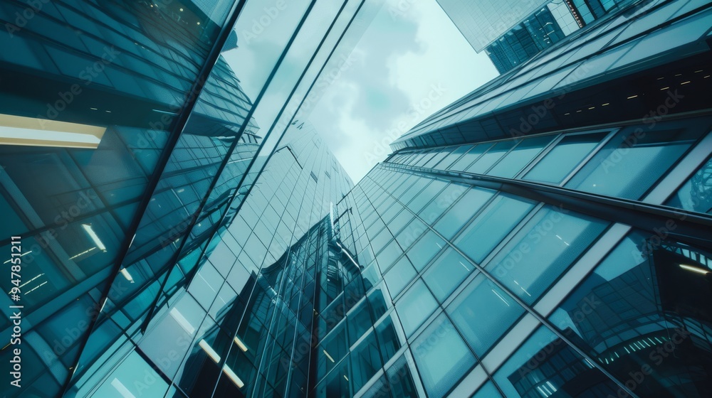 A dramatic upward view of modern glass skyscrapers with reflections, against a cloudy sky, conveying urban sophistication and grandeur. A dramatic upward view of modern glass skyscrapers with reflections, against a cloudy sky, conveying urban sophistication and grandeur.