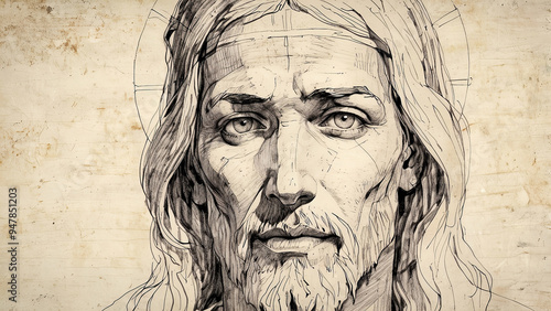 Portrait of Jesus Christ in Black and White Pencil Drawing Style with Expressive Features and Detailed Textures, Perfect for Artistic Projects, new beautiful stock image illustration AI