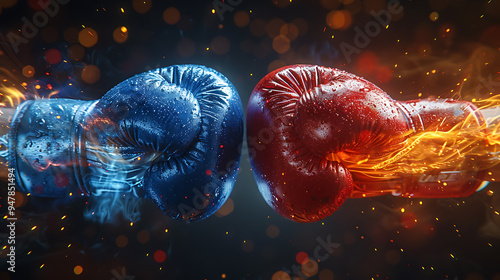 Red and blue boxing gloves are fighting.