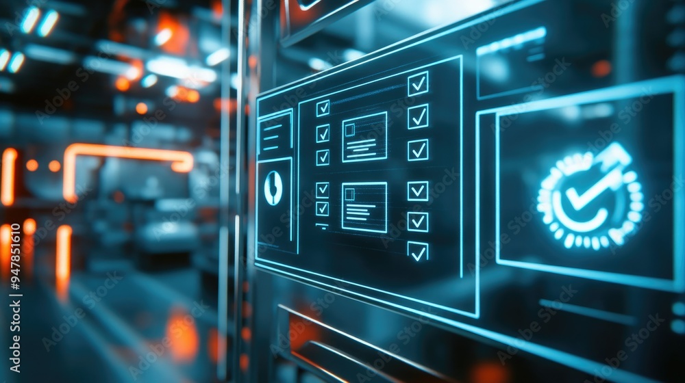 Obraz premium Automation concept with checkboxes on a digital interface, symbolizing streamlined business processes and workflow optimization in an industrial setting.