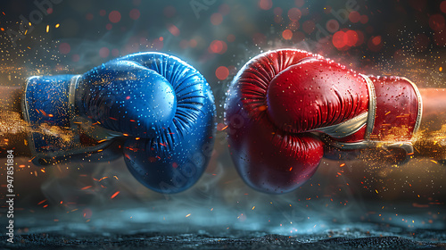 Red and blue boxing gloves are fighting. photo