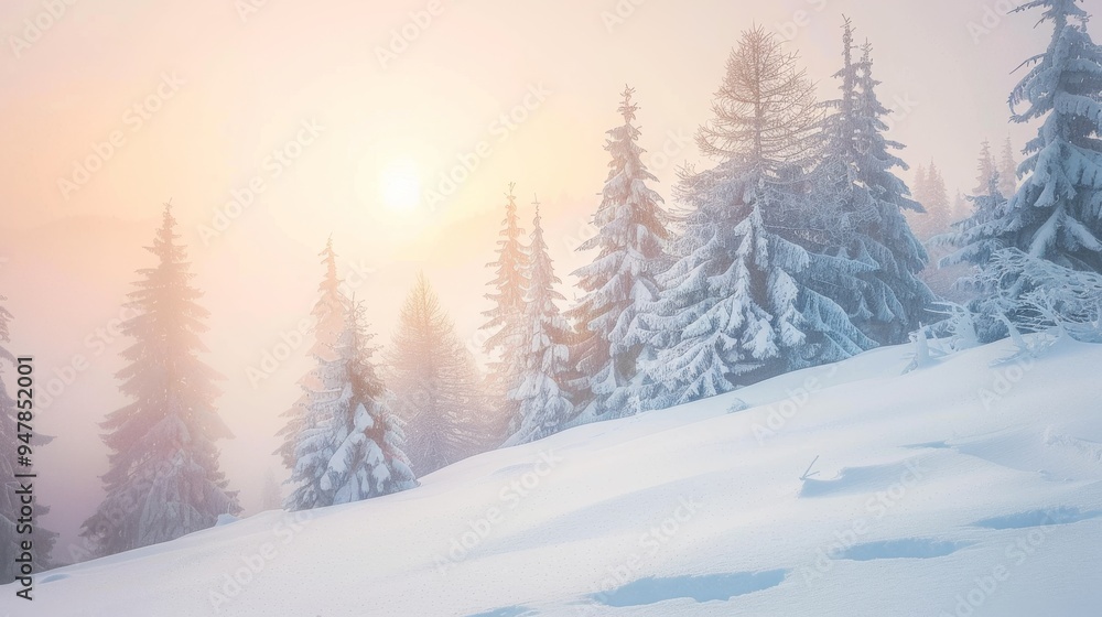 Snow-covered pine trees bathed in the golden glow of a sunrise, creating a serene winter landscape. Snow-covered pine trees bathed in the golden glow of a sunrise, creating a serene winter landscape.