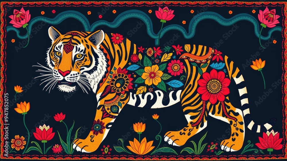 Fototapeta premium Pattern with tiger, Abstract painting, tiger pattern, flower ornament pattern.seamless pattern with tiger, and flowers