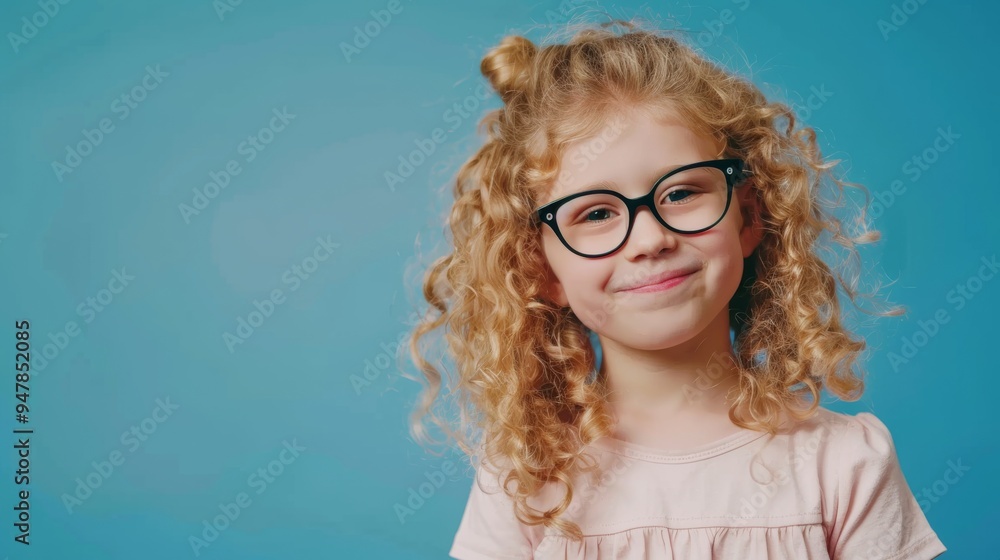 Young girl with curly blonde hair and black glasses smiles warmly against a blue backdrop, capturing innocence and happiness. Young girl with curly blonde hair and black glasses smiles warmly against a blue backdrop, capturing innocence and happiness.