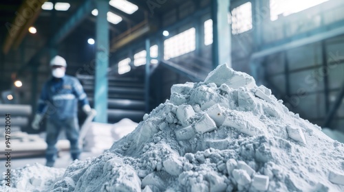 A worker in a factory, seen through the haze of dust, stoically stands near a large pile of raw materials. photo