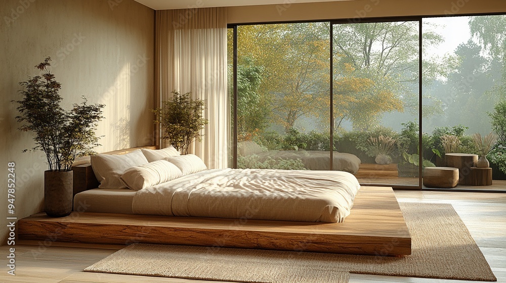 Serene Minimalist Bedroom: Tranquil morning light bathes a minimalist bedroom with a wooden platform bed and serene garden views. Serene Minimalist Bedroom: Tranquil morning light bathes a minimalist bedroom with a wooden platform bed and serene garden views.
