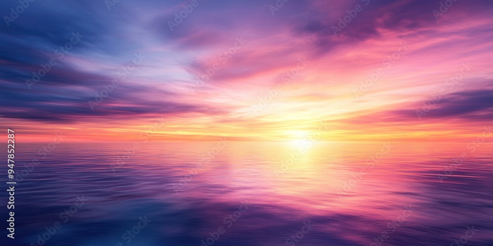 Fototapeta premium A dramatic horizon background featuring a sunset with vibrant colors blending into the horizon and reflecting on a gentle landscape.