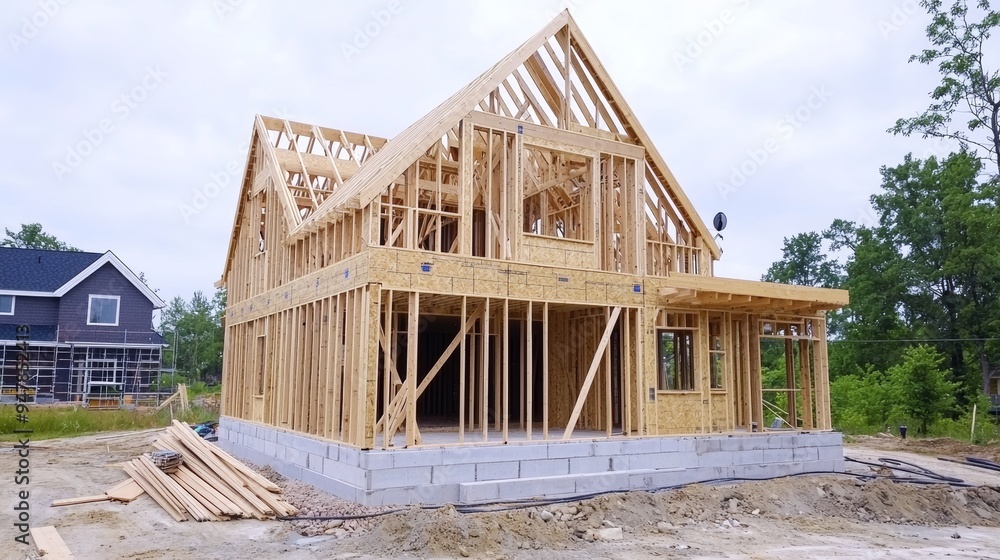 Wooden Frame of a Newly Constructed Residential Home in a Forested Suburban Neighborhood Wooden Frame of a Newly Constructed Residential Home in a Forested Suburban Neighborhood