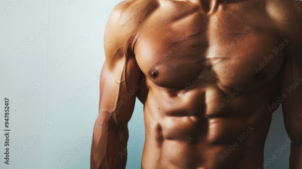 A close-up of a well-defined, muscular male torso glistening under soft light, emphasizing physical fitness and strength. A close-up of a well-defined, muscular male torso glistening under soft light, emphasizing physical fitness and strength.