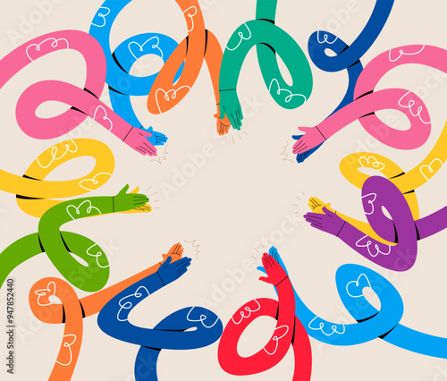 Funny long hands applaud. Clap around. Applause hands. Greetings, thanks, support. Colorful vector illustration