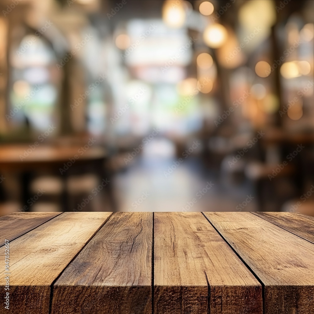 Wooden board empty table in front of blurred background. Perspective brown wood over blurred in a cafe - can be used to display or mount your products. Wooden board empty table in front of blurred background. Perspective brown wood over blurred in a cafe - can be used to display or mount your products.