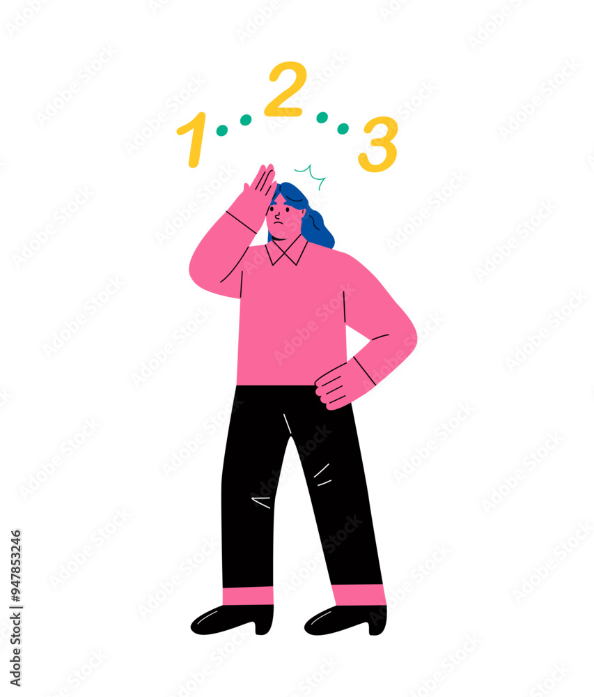 Obsessive compulsive disorder symptoms. Business woman fear, has intrusive thoughts and counting. OCD concept. Flat vector illustration isolated on white background Obsessive compulsive disorder symptoms. Business woman fear, has intrusive thoughts and counting. OCD concept. Flat vector illustration isolated on white background