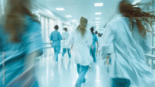 Hospital staff rushing through a corridor, their movements blurred, representing the hectic and vital nature of a healthcare environment.