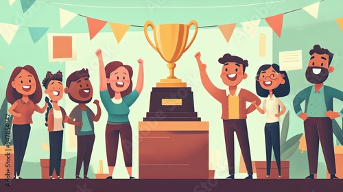 96. Cartoon-style image of a best performer award ceremony in a multicultural office, with a large trophy on a podium and diverse employees cheering photo