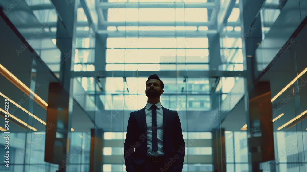 Fototapeta premium A silhouetted professional stands confidently in a modern glass-walled building under bright natural light.