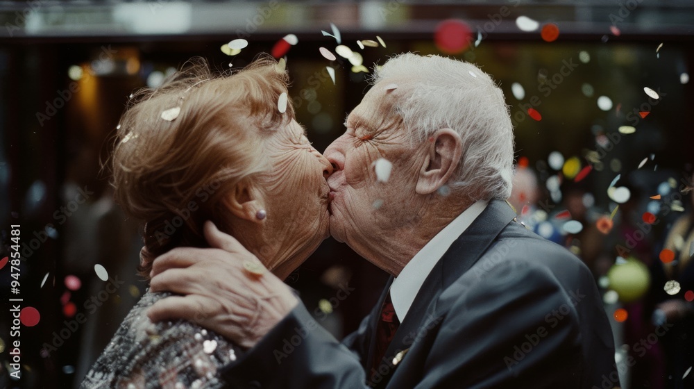 An elderly couple sharing a loving kiss with confetti falling around them, celebrating an intimate moment. An elderly couple sharing a loving kiss with confetti falling around them, celebrating an intimate moment.