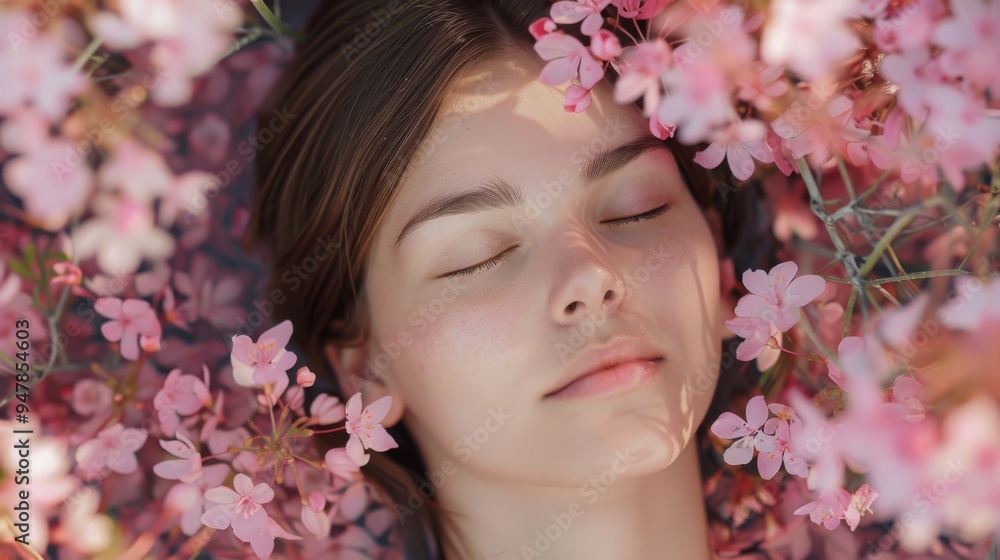 A young woman with closed eyes lies peacefully among delicate pink flowers, embodying tranquility and a deep connection with nature. A young woman with closed eyes lies peacefully among delicate pink flowers, embodying tranquility and a deep connection with nature.