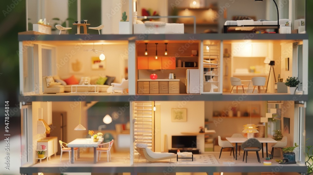 A meticulously detailed miniature dollhouse shows a fully furnished, multi-story home, each room thoughtfully decorated to create a cozy, lived-in feel. A meticulously detailed miniature dollhouse shows a fully furnished, multi-story home, each room thoughtfully decorated to create a cozy, lived-in feel.