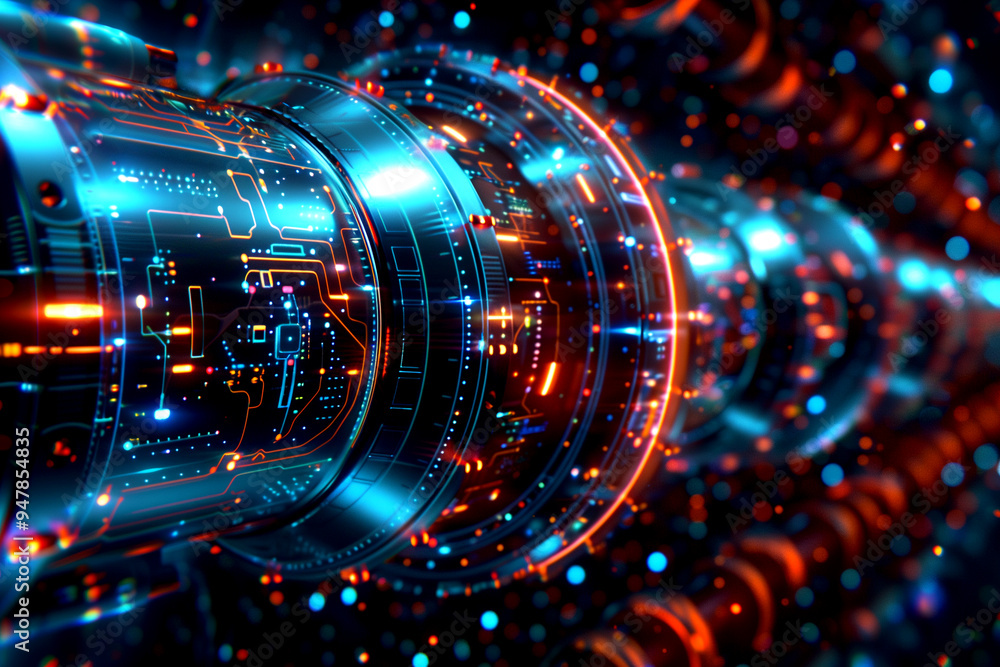 A long, colorful, and glowing tube of electronic circuitry. The tube is very long and seems to be made up of many different pieces of circuitry A long, colorful, and glowing tube of electronic circuitry. The tube is very long and seems to be made up of many different pieces of circuitry