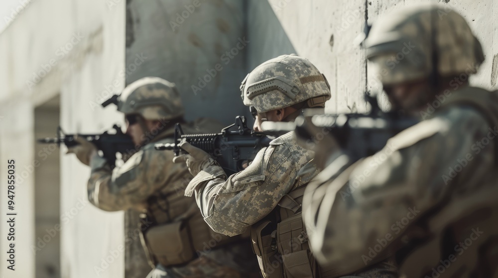 Fototapeta premium Soldiers in tactical gear aim their rifles, positioned strategically along a concrete wall during a coordinated training exercise.