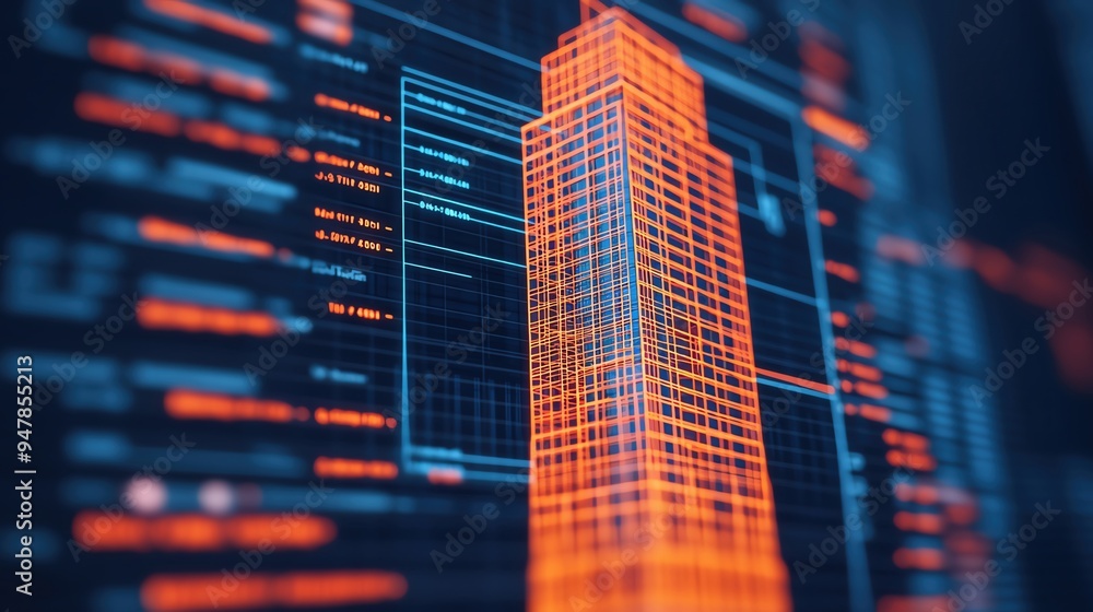 Hightech interface displaying a digital blueprint of a skyscraper, with realtime analysis data, construction technology concept Hightech interface displaying a digital blueprint of a skyscraper, with realtime analysis data, construction technology concept